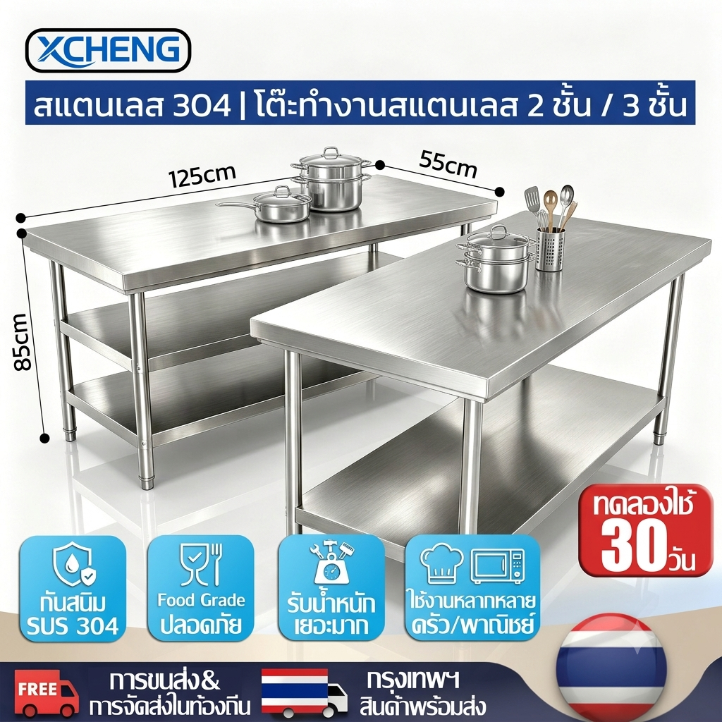 【หนาเป็นพิเศษ｜ปรับปรุงบรรจุภัณฑ์】โต๊ะสแตนเลส ใช้ในบ้าน 100/120/150-2/3 ชั้น 304สแตนเลส Stainless Steel Table ฟังก์ชั่นหลากหลาย ชั้นวางสแตนเลส