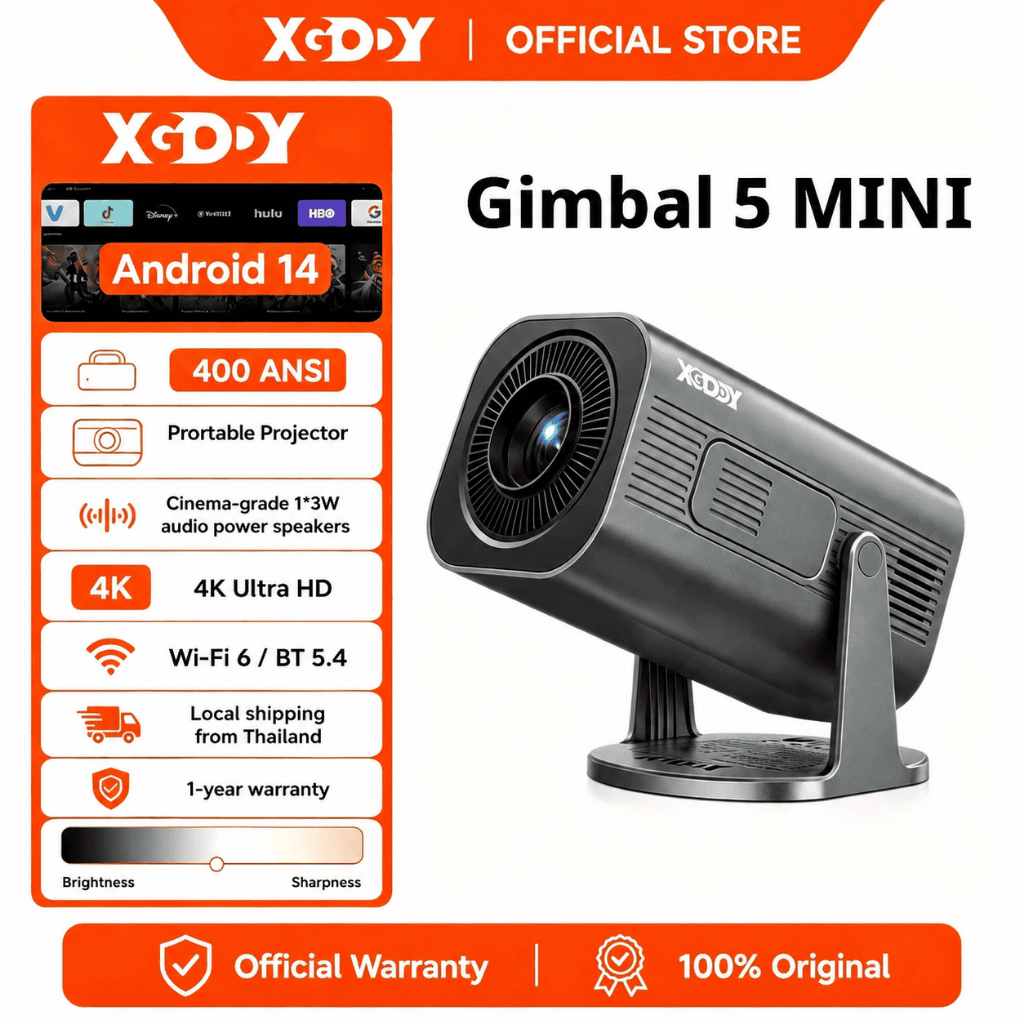 XGODY Gimbal 5 MINI โปรเจคเตอร์พกพา 1080P รองรับ 4K Android 14 Smart Projector WiFi Bluetooth โฮมเธี