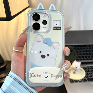 เคส OPPO Reno 13 14 15 16 14F 15F 16F 5G เคส OPPO Reno 14 15 16 Pro 5G Pro Max เคสน่ารักลายการ์ตูนน้องหมา กันกระแทก พร้อมกระจกและที่วางโทรศัพท์ เคสเจลกันกระแทก 2 in 1 แบบใส