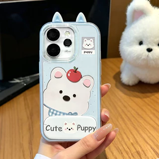 เคส OPPO Reno 13 14 15 16 14F 15F 16F 5G เคส OPPO Reno 14 15 16 Pro 5G Pro Max เคสน่ารักลายการ์ตูนน้องหมา กันกระแทก พร้อมกระจกและที่วางโทรศัพท์ เคสเจลกันกระแทก 2 in 1 แบบใส