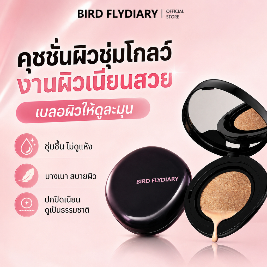 BIRDFLYDIARY Glow Cushion คุชชั่นรองพื้น ปกปิด คุมมัน ติดทน กันน้ำ เนื้อบางเบา ผิวฉ่ำโกลว์ Air Cushion Long Lasting