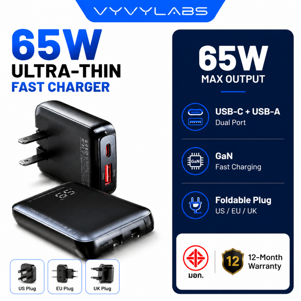 Vyvylabs 65W Ultra-Slim GaN Charger พับ US/EU/UK ปลั๊ก USB Type C Dual Port Fast Charging สําหรับ MacBook แล็ปท็อป Samsung iPhone