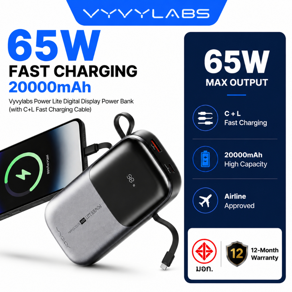 Vyvylabs 20000mAh 65W Power Bank PD QC Fast Charging ประเภท C สาย Powerbank สําหรับ iPhone 16 15 14 