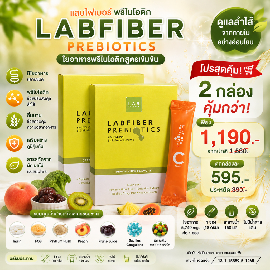 ซื้อ 2 แถม 1 อาหารเสริมไฟเบอร์อาหารเสริมไฟเบอร์ พรีไบโอติก | ผงไฟเบอร์สูงสําหรับ Gut Health & Digestive Support | พีชยูซุ | 7 ซอง