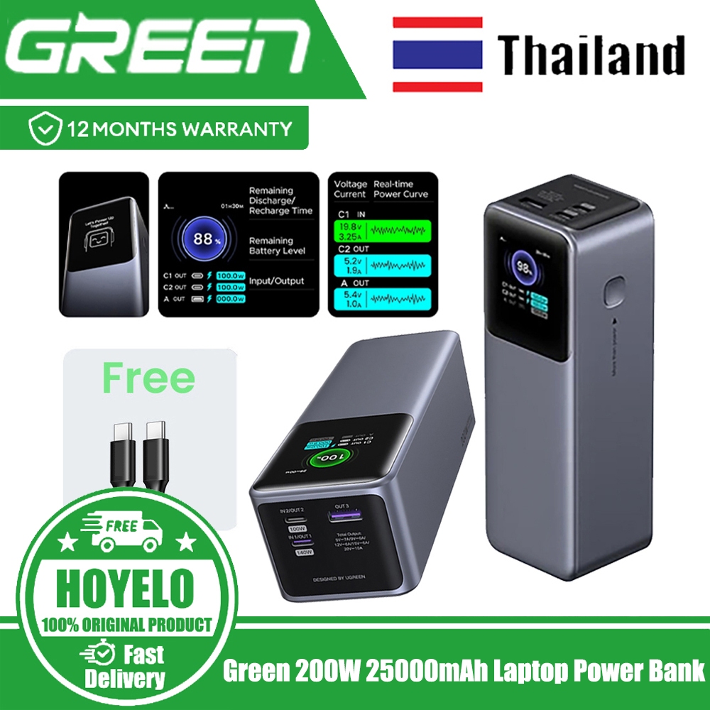 สีเขียว 200W 25000mAh แล็ปท็อป Power Bank ชาร์จเร็วสุด 100W PD3.1