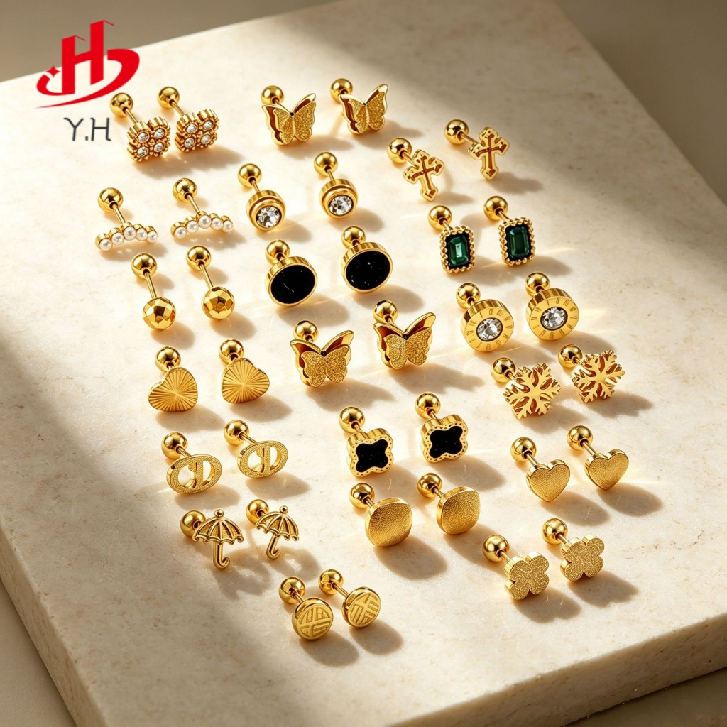 ⭐Y.H⭐ ชุดตุ้มหู  ทองคำ  18K  ตุ้มหูสแตนเลส