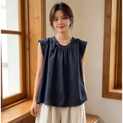 สไตล์ใหม่ฤดูร้อน โมริ แฟชั่นเสื้อสีเทาอ่อนย้อนยุคสีทึบผ้าลินินเสื้อกั๊กแขนกุดจีบด้านบนของผู้หญิงอินเทรนด์