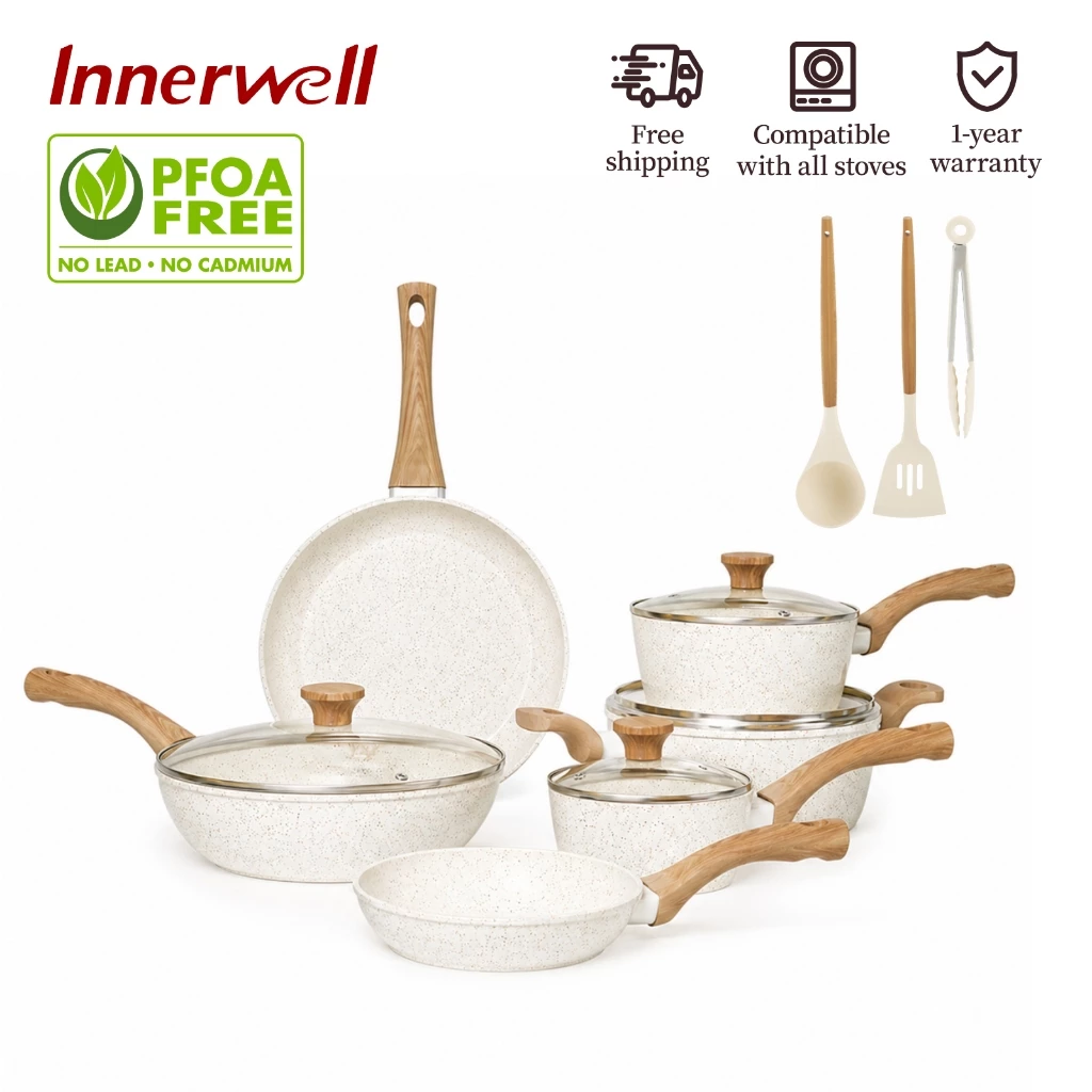 Innerwell non-stick หินไมฟานชุด 13 ชิ้นสีขาว หม้อกระทะครบชุดในครัวเรือน กระทะ หม้อนม หม้อซุป เหมาะสำหรับทุกเตา ทําอาหารของขวัญ