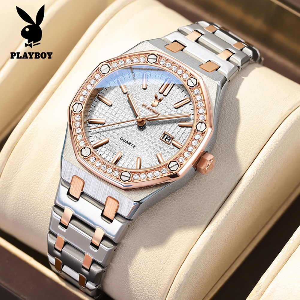 PLAYBOY นาฬิกาข้อมือผู้หญิง กันน้ำ 100% สายสเตนเลส นาฬิกาผู้หญิง สีขาว สีดำ ทอง เงิน แฟชั่น 3526