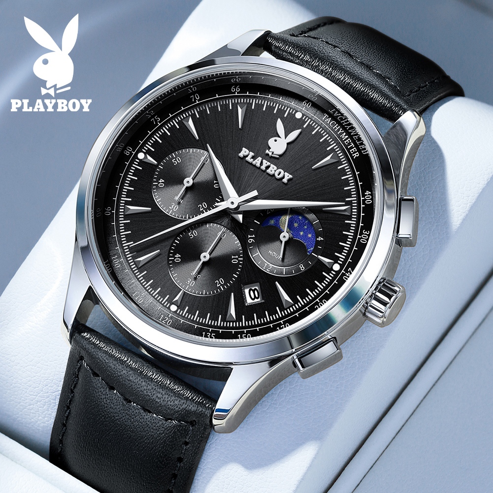 PLAYBOY นาฬิกา ผู้ชาย แฟชั่น watch 100% แท้ นาฬิกาข้อมือกันน้ำได้ ควอตซ์ หนัง เรียบง่าย หรูหรา สีดำ ธุรกิจ 3118
