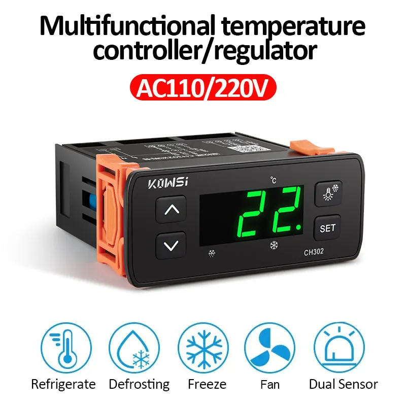 KWS-CH302 110V/220V เครื่องควบคุมอุณหภูมิแบบดิจิตอล, Smart AI Thermostat พร้อมเซ็นเซอร์คู่, พัดลมละล