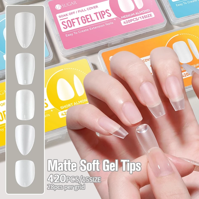 【Local】UR SUGAR 420pcs Soft Gel เคล็ดลับเล็บอัลมอนด์ Clear False Matte Full Cover กดบนเล็บปลอม Extension เครื่องมือทําเล็บ