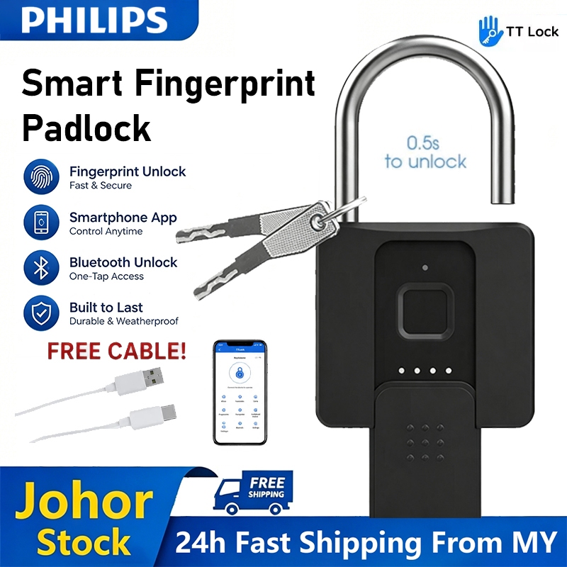 รับประกัน 10 ปีPHILIPS IP67 TTLock Bluetooth APP Smart Keylock ลายนิ้วมือ Keyless Padlock
