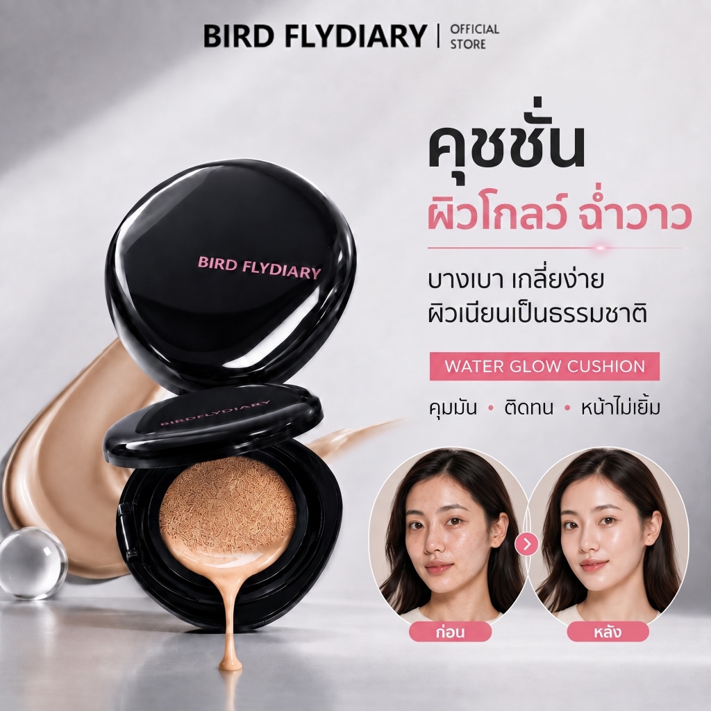 BIRDFLYDIARY คุชชั่น Cushion คุชชั่นรองพื้น ปกปิดเรียบเนียน ติดทน กันน้ำ กันเหงื่อ บางเบา ไม่หนักหน้า ผิวฉ่ำโกลว์