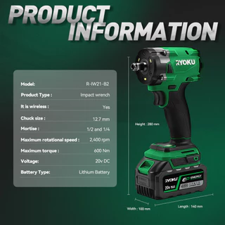RYOKU ประแจผลกระทบไร้แปรงถ่านไร้สาย 600NM ไดรฟ์ 1/2 และ 1/4 นิ้ว