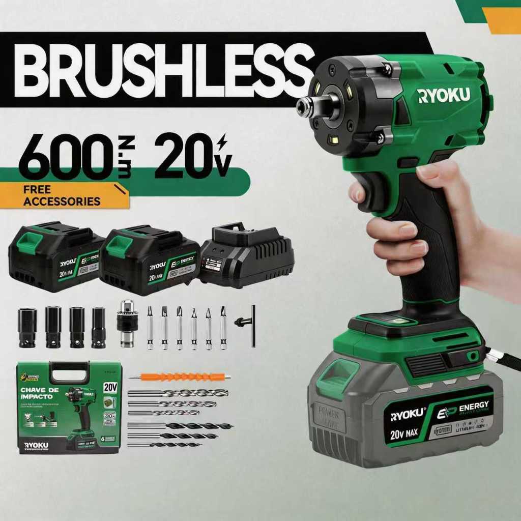 RYOKU 20V เซ็ตสุดคุ้ม! ประแจอัดแรงดันไร้แปรงถ่าน 600Nm + แบต