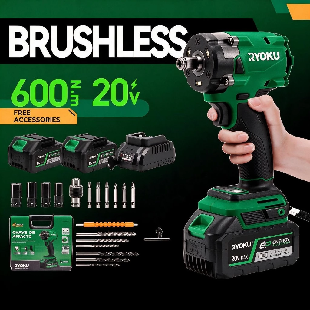 RYOKU ประแจผลกระทบไร้แปรงถ่านไร้สาย 600NM ไดรฟ์ 1/2 และ 1/4 นิ้ว