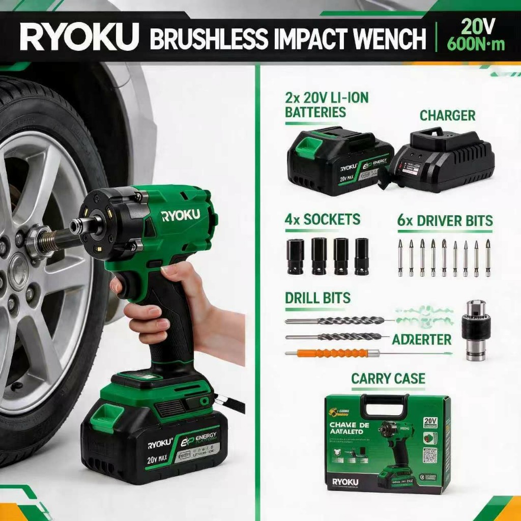 RYOKU 20V 2.6Ah 500Nm แรงบิดสูงสุด! ประแจไฟฟ้าไร้แปรงถ่าน แบตเตอรี่ 2 ก้อน ใช้งานยาวๆ ระดับมืออาชีพ