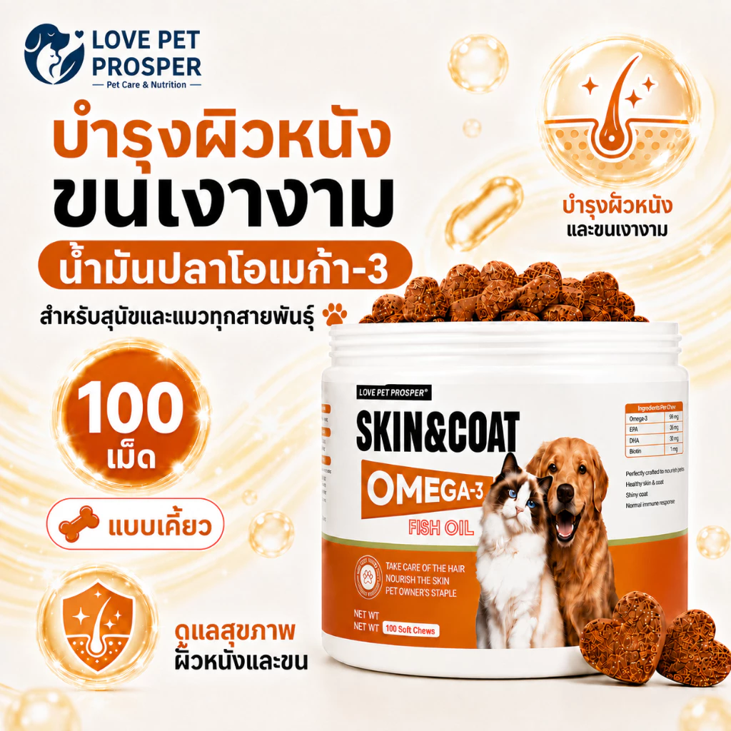 Love Pet Prosper น้ำมันปลาโอเมก้า 3 สำหรับสุนัขและแมว ขนมเคี้ยวบำรุงผิวและขน Omega 3 Fish Oil ดูแลขนเงางาม เคี้ยวง่าย 100 เม็ด