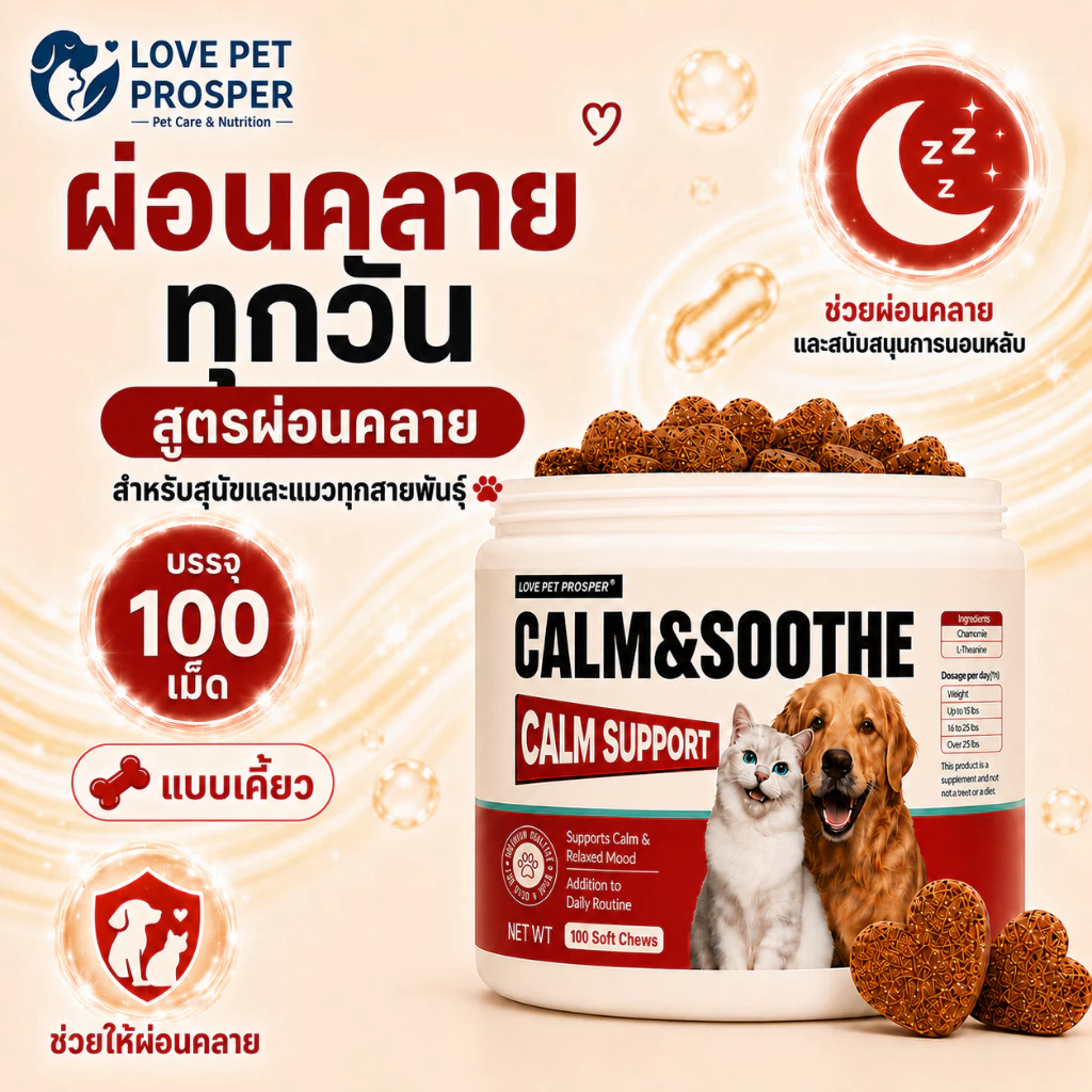 Love Pet Prosper เม็ดเคี้ยวคลายเครียดสุนัขและแมว ผสมคาโมมายล์ ช่วยให้สงบ ลดความกังวล ผ่อนคลายอารมณ์ ช่วยให้นอนหลับง่าย 100 เม็ด