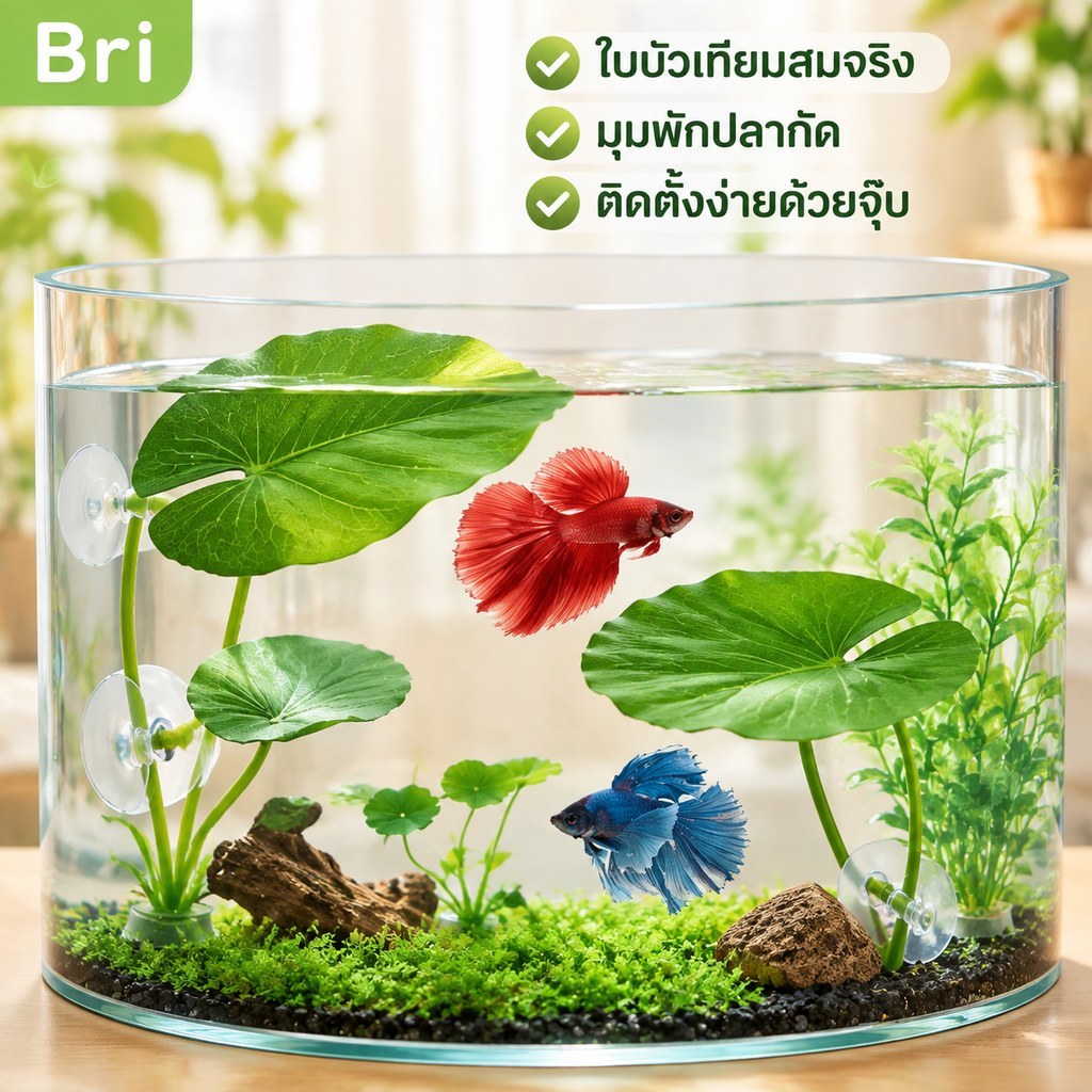 Bri เปลญวนใบเขียวสําหรับปลากัด, Aquarium-Safe Decor พร้อมถ้วยดูด ywr