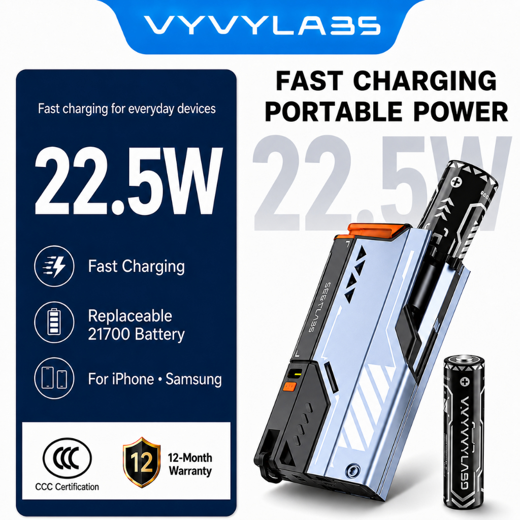 Vyvylabs NewCC Power Bank แบบพกพา 22.5W Fast Charging พร้อม 21700 เปลี่ยนแบตเตอรี่ที่ถอดออกได้ออกแบบ