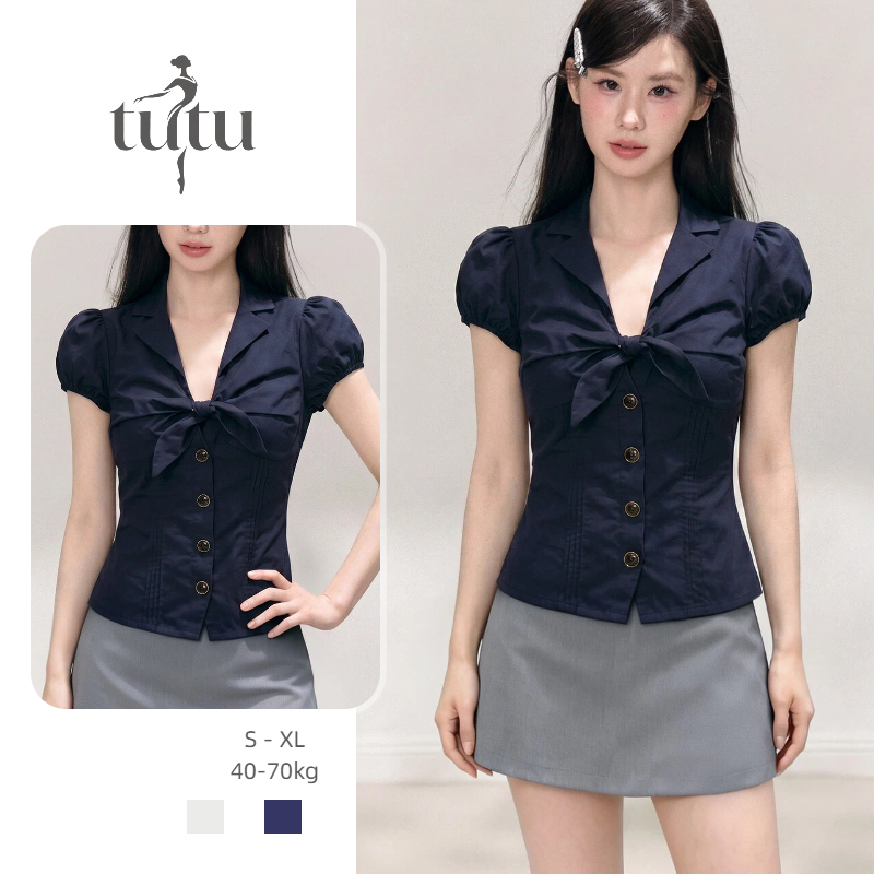 เสื้อเบลาส์แขนสั้นสไตล์ฝรั่งเศสย้อนยุค คอวีเจาะช่องมีโบว์ผูก มีกระดุมหน้า ใส่สบาย