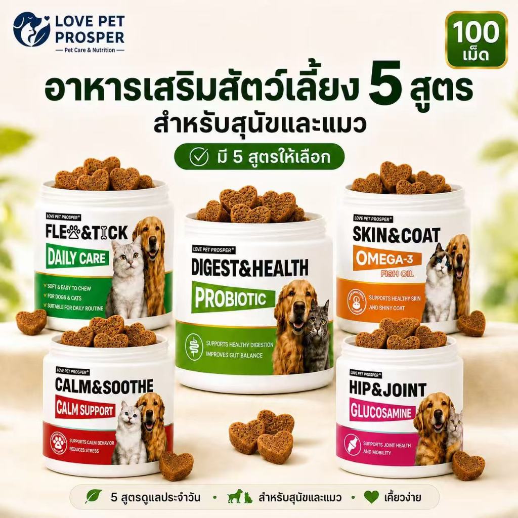 Love Pet Prosper เลซิตินสุนัขและแมว ซอฟต์ชิวบำรุงขน อาหารเสริมดูแลผิวหนังและเส้นขน ขนนุ่มเงางาม เคี้ยวง่าย ไม่มีวัตถุกันเสีย