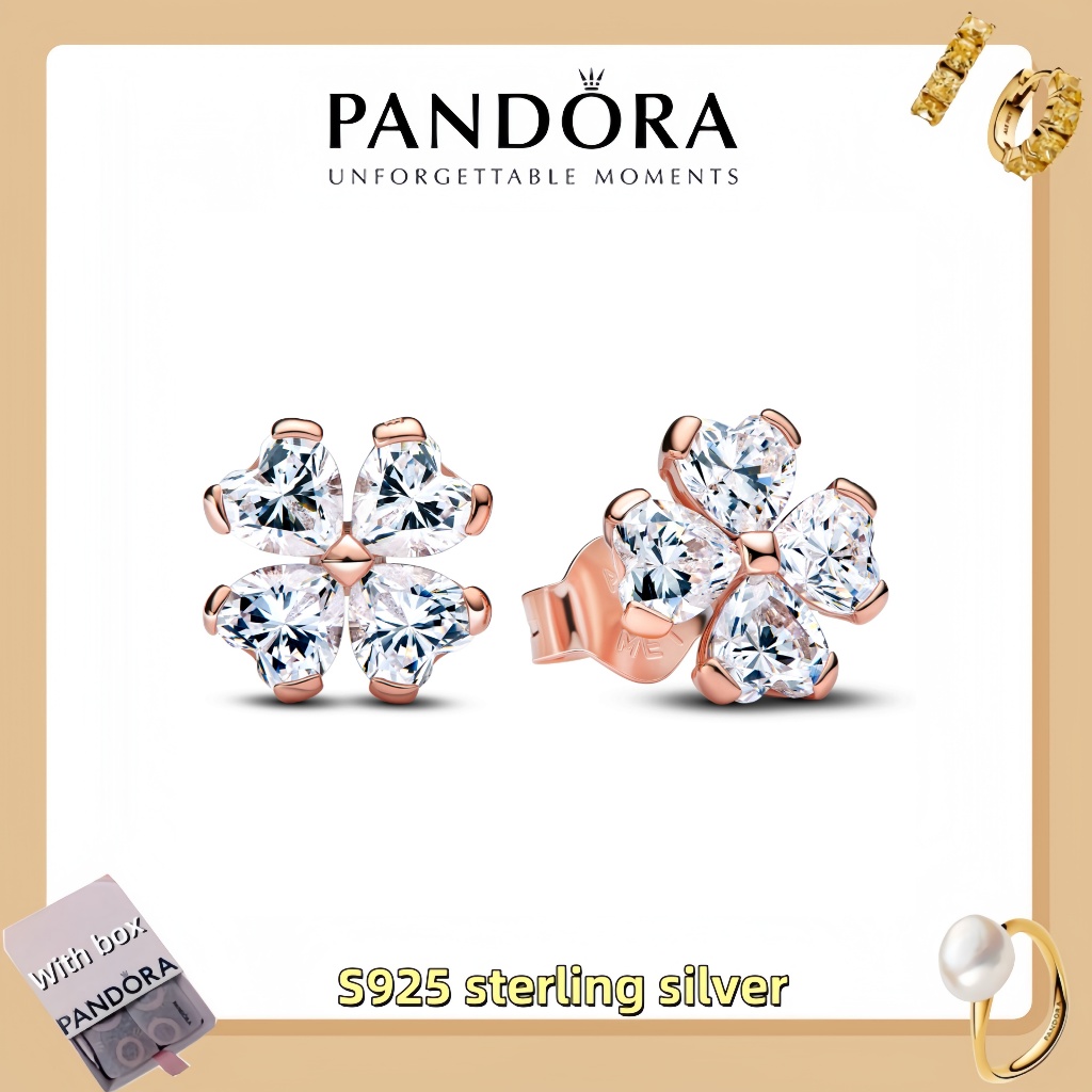 สร้อยข้อมือจี้เครื่องประดับเงินแท้ Pandora S925 (กล่องของขวัญฟรี) ต่างหูสตั๊ด Pandora Sparkling Luck