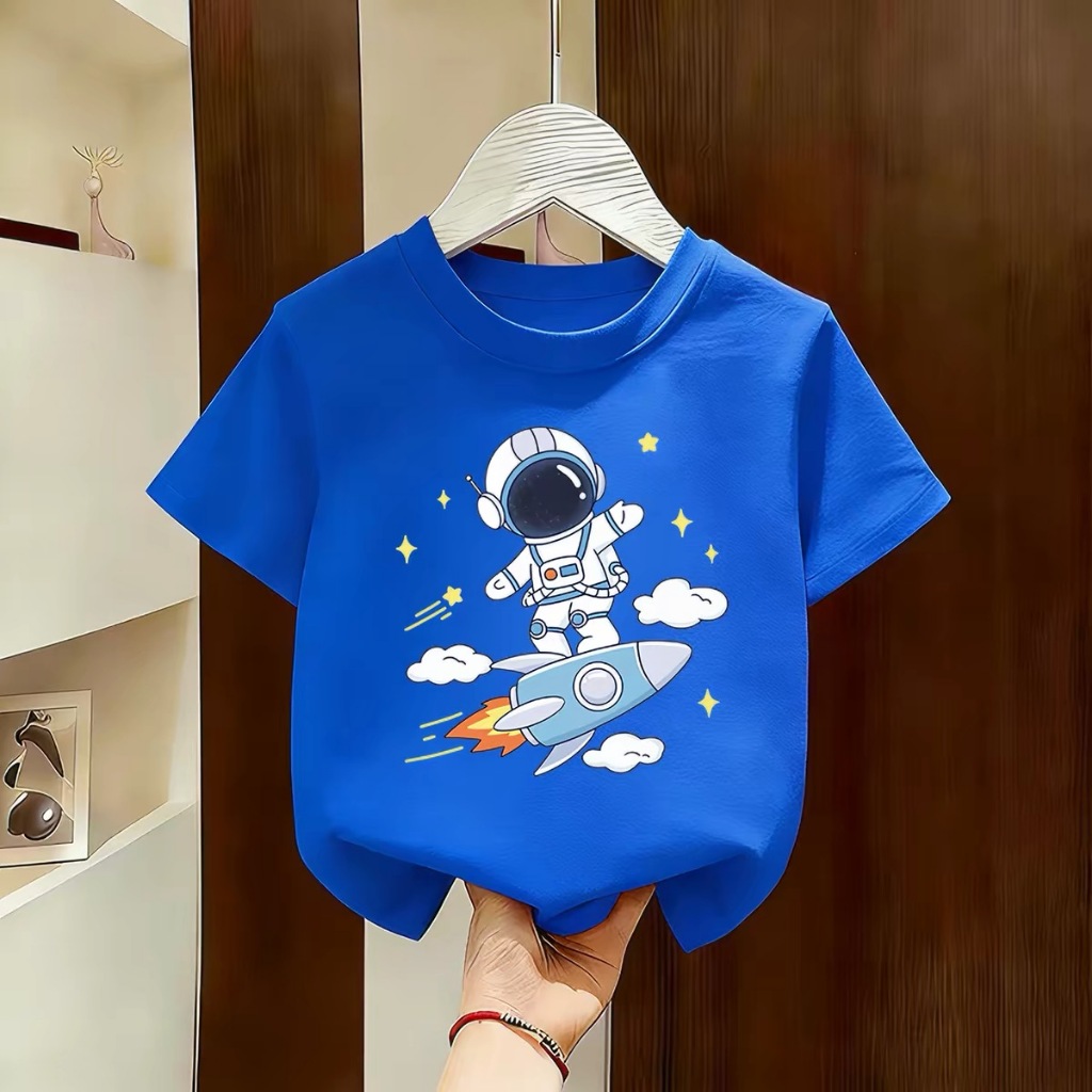 NASA เสื้อยืดคอกลมสำหรับเด็ก อวกาศ แขนสั้น ผ้าฝ้าย 100% ลายดาวเคราะห์น้อยน่ารัก ดีไซน์สไตล์เกาหลี เหมาะสำหรับเด็กอายุ 1-12 ปี