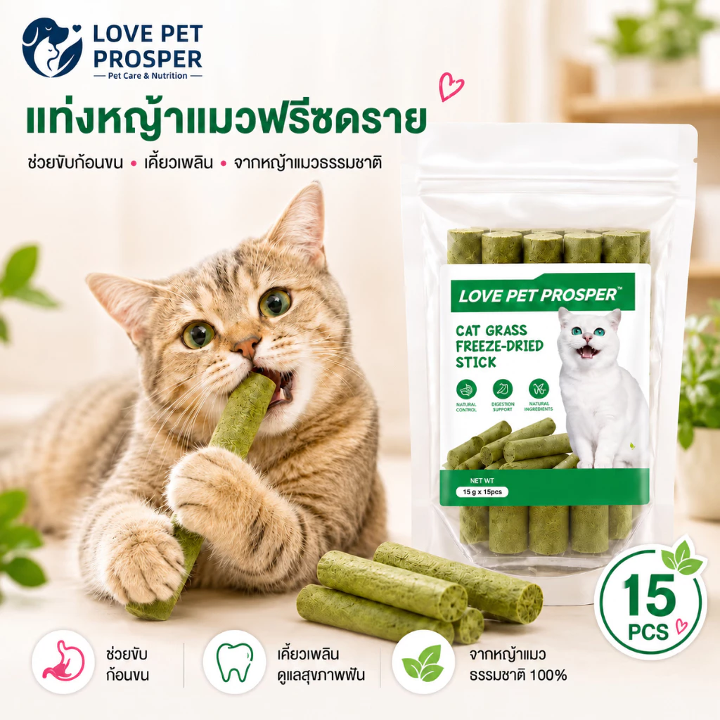 Love Pet Prosper หญ้าแมวฟรีซดราย ขนมหญ้าแมว หญ้าแมวอัดแท่ง ช่วยขับก้อนขน ขัดฟัน เคี้ยวเพลิน สำหรับแมว 15 ชิ้น