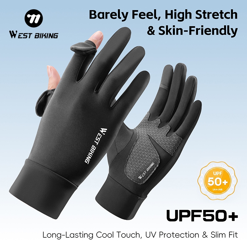 WEST BIKING ถุงมือกันแดดแบบไม่มีนิ้ว ป้องกันรังสียูวี UPF50+ กันลื่น สำหรับใช้งานกับหน้าจอสัมผัส ปั่นจักรยาน ตกปลา เดินป่า กิจกรรมกลางแจ้ง ขนาดเดียว