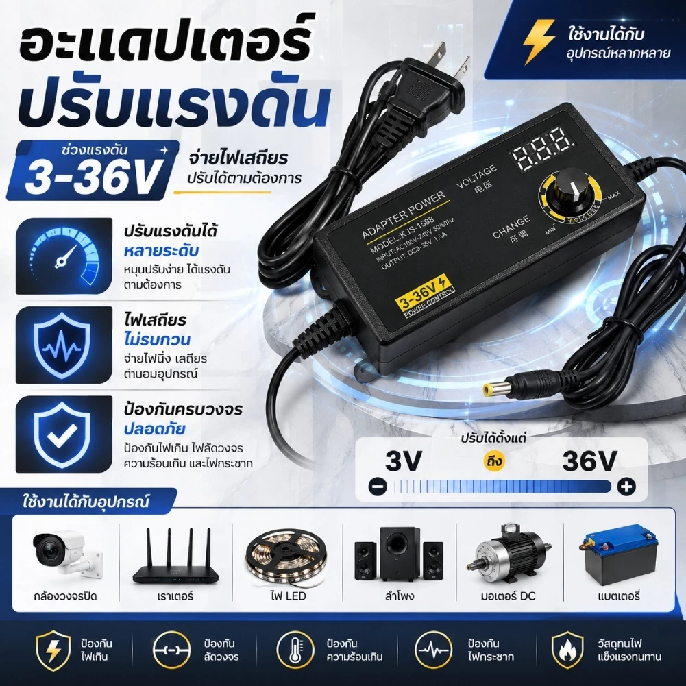[จัดส่งในพื้นที่] อะแดปเตอร์จ่ายไฟ 3-36V ของสหราชอาณาจักรที่ปรับได้สําหรับเครื่องเล่นเกม Moto