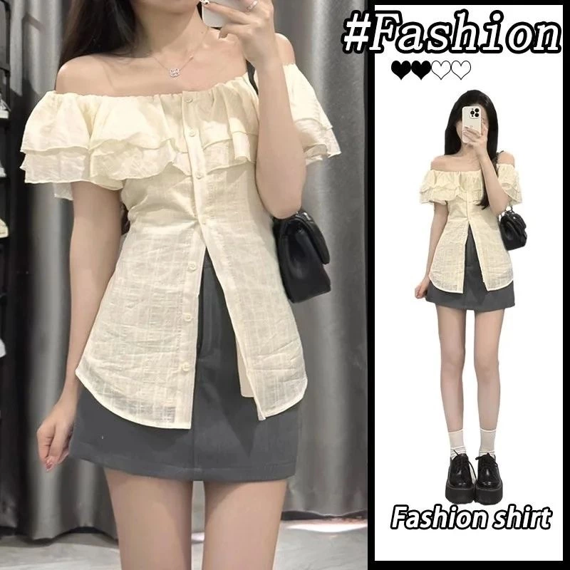 Lya Summer เสื้อเชิ้ตแขนสั้นคอปกฝรั่งเศสรูปแบบหวานทันสมัยพร้อมเสื้อตัวสั้นแฟชั่น