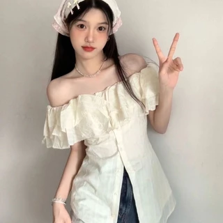 Lya Summer เสื้อเชิ้ตแขนสั้นคอปกฝรั่งเศสรูปแบบหวานทันสมัยพร้อมเสื้อตัวสั้นแฟชั่น
