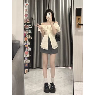 Lya Summer เสื้อเชิ้ตแขนสั้นคอปกฝรั่งเศสรูปแบบหวานทันสมัยพร้อมเสื้อตัวสั้นแฟชั่น