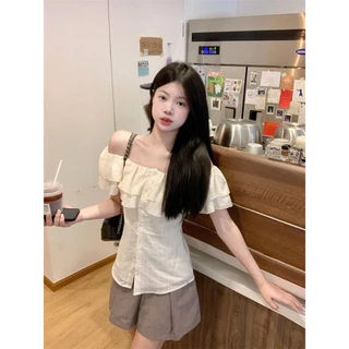 Lya Summer เสื้อเชิ้ตแขนสั้นคอปกฝรั่งเศสรูปแบบหวานทันสมัยพร้อมเสื้อตัวสั้นแฟชั่น