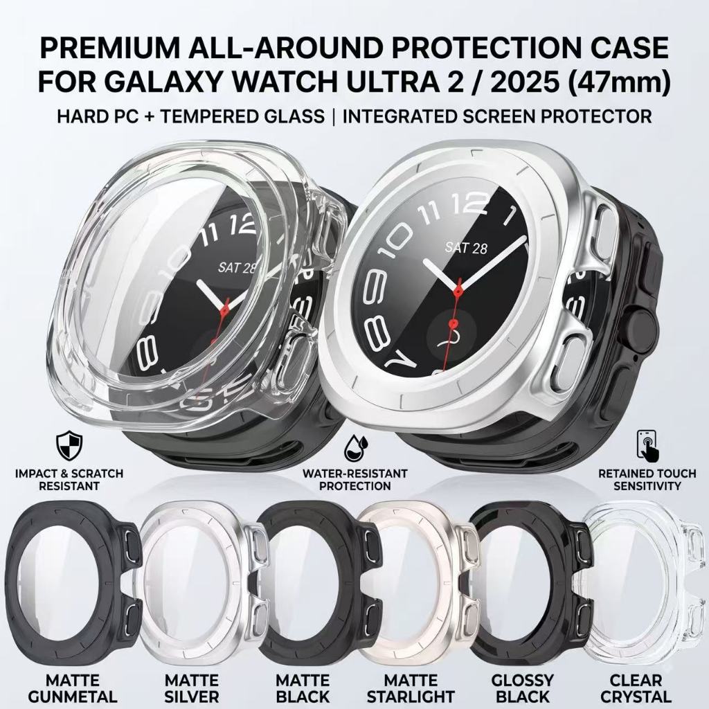 SAMSUNG 2 in 1 Full Coverage 9Hกระจกนิรภัย + Hard PCสําหรับSamsung Galaxy Watch Ultra 2 2025 47 มม.กันกระแทกAnti Scratch Ultra Clearเกราะป้องกัน