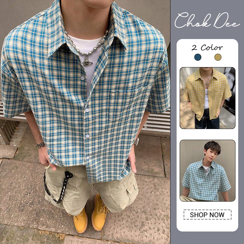 ผู้ชายวินเทจลายสก๊อตแขนสั้นเสื้อกระเป๋าหลวมระบายอากาศสบายๆฤดูร้อนด้านบน