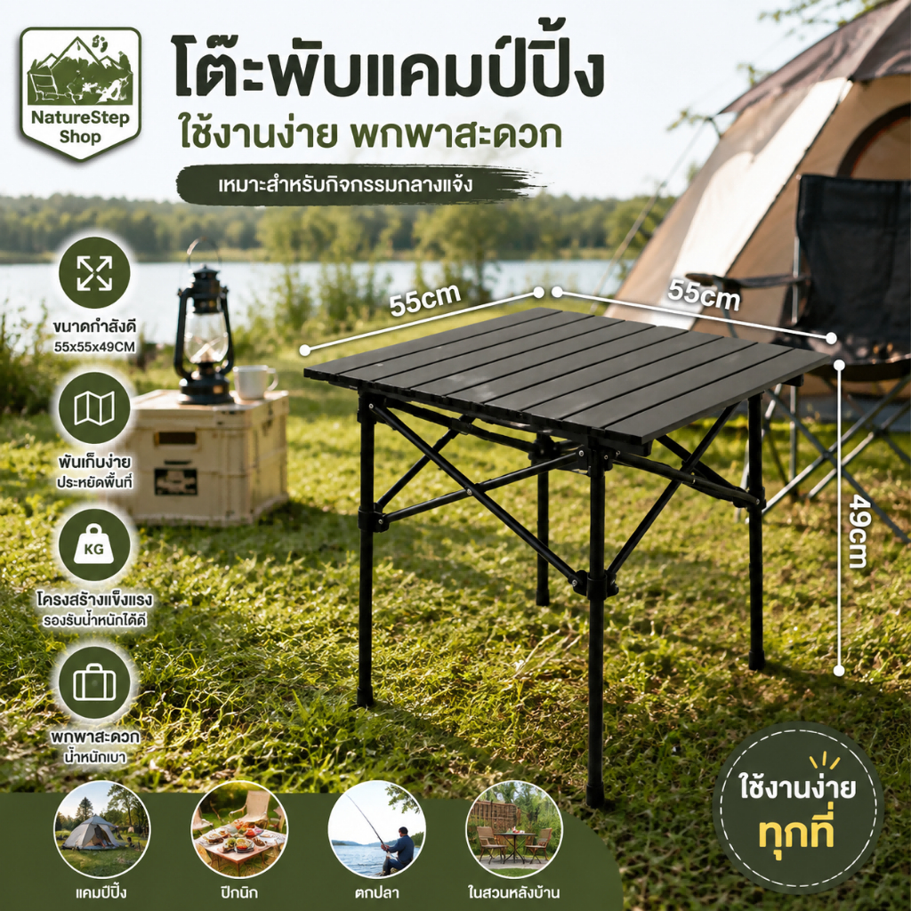 โต๊ะม้วนไข่กลางแจ้ง โต๊ะตั้งแคมป์พับได้มั่นคงไม่สั่นประกอบง่ายไม่มีเครื่องมือกันน้ําสกปรกทนสก์ท็อปเหมาะตั้งแคมป์ปิกนิกบีชเดินทางระเบียงครัวเรือนกลางแจ้งมัลติฟังก์ชั่โต๊ะเก