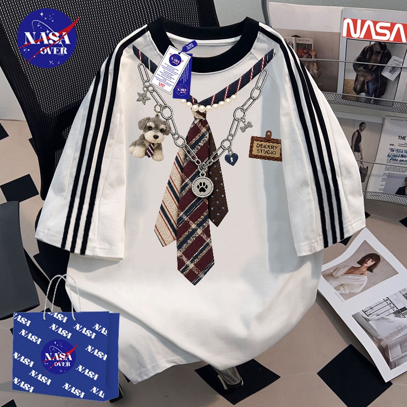 【ของพร้อมส่ง ส่งใน 24 ชั่วโมง】🔥NASA เสื้อยืด cotton ยูนิเซ็กส์ ฤดูร้อน แขนสั้น ลายเนคไท🎩 ทรงใหญ่ สามแถบ คอกลม YG2866