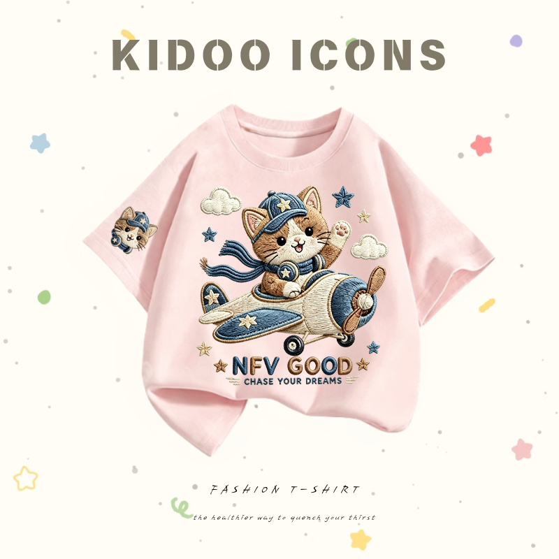 KIDOO ICONS เสื้อเด็กผู้หญิงฤดูร้อน ลำลอง ทรงหลวม ลายการ์ตูนแมวน้อยนักบินขับเครื่องบิน ผ้าฝ้าย 100% #A01+5710