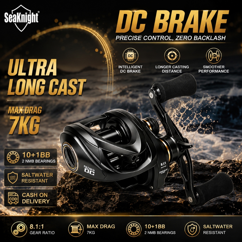 Seaknight FALCAN IV DC Baitcasting Reel 10 + 1BB พร้อม 2 แบริ่ง NMB, ระบบเบรก DC, หล่อยาวพิเศษ, 7KG 