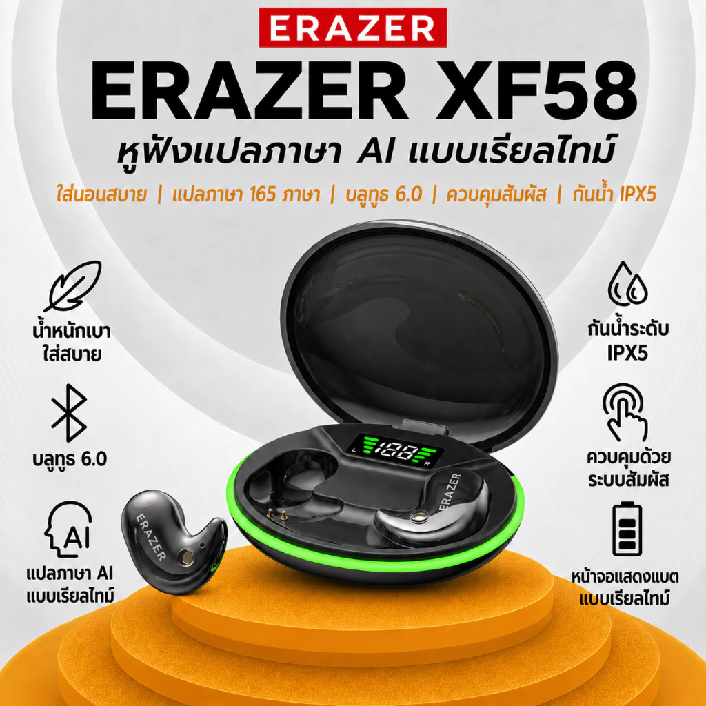 ERAZER XF58 LED หูฟังบลูทูธไฮไฟ V6.0 AI หูฟังแปล ENC หูฟังไร้สายตัดเสียงรบกวนอัตโนมัติ