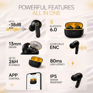 Realfit F3 หูฟังบลูทูธ ไร้สาย , หูฟังบลูทูธเบสหนักๆ, บลูทูธ 5.4, ANC -38dB, IPX5 กันน้ำและกันฝุ่น, เสียง Hi-Res Lossless, เวลาเล่น 28 ชั่วโมง