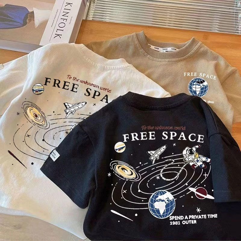 NASA เสื้อยืดคอกลมสำหรับเด็ก อวกาศ แขนสั้น ผ้าฝ้าย 100% ลายดาวเคราะห์น้อยน่ารัก ดีไซน์สไตล์เกาหลี เหมาะสำหรับเด็กอายุ 1-12 ปี
