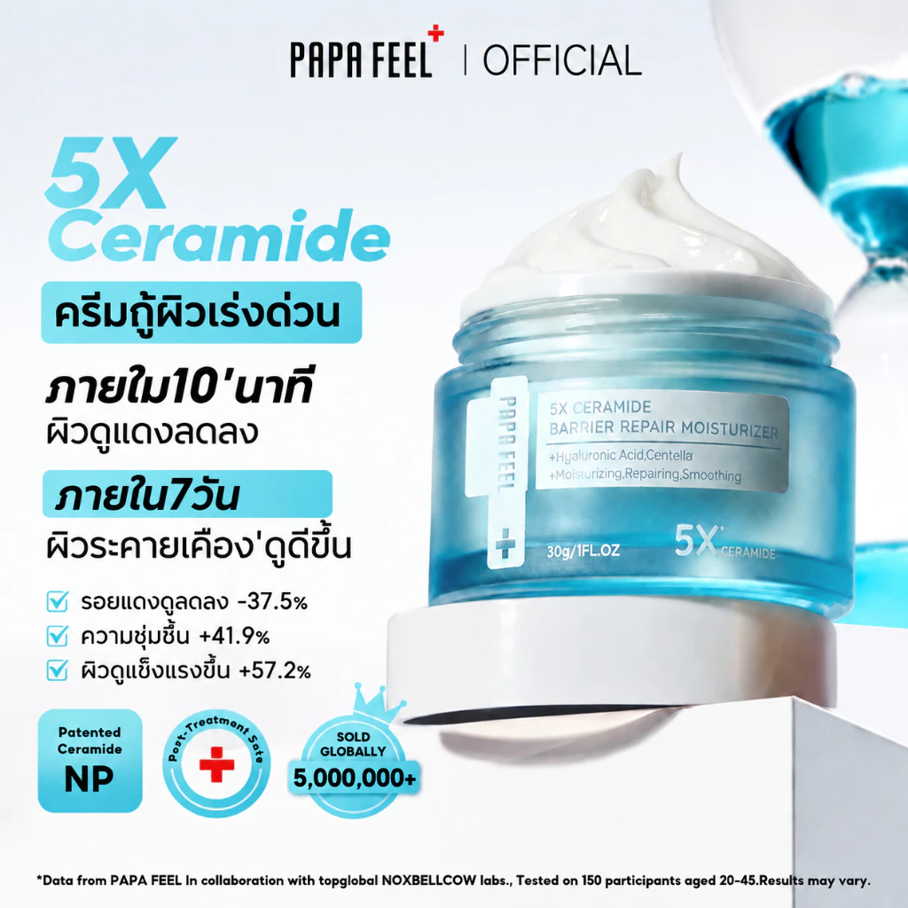 PAPA FEEL 5X Ceramide Barrier ครีมกู้ผิวเร่งด่วน ลดสิวและอาการระคายเคือง | บำรุงผิวให้ชุ่มชื้นอย่างล้ำลึก | เหมาะสำหรับผิวแพ้ง่าย Moisturizing Cream 30g