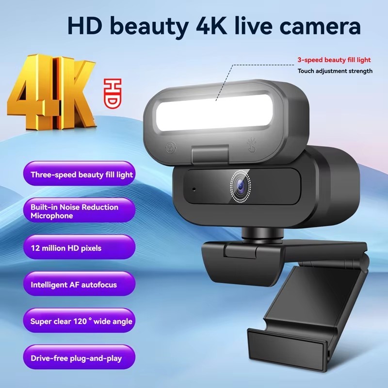 4K 60FPS Live Webcam USB Autofocus กล้อง PC ไมโครโฟนหมุนได้เติมแสงสตรีมมิ่งกล้องสําหรับแล็ปท็อปพีซี