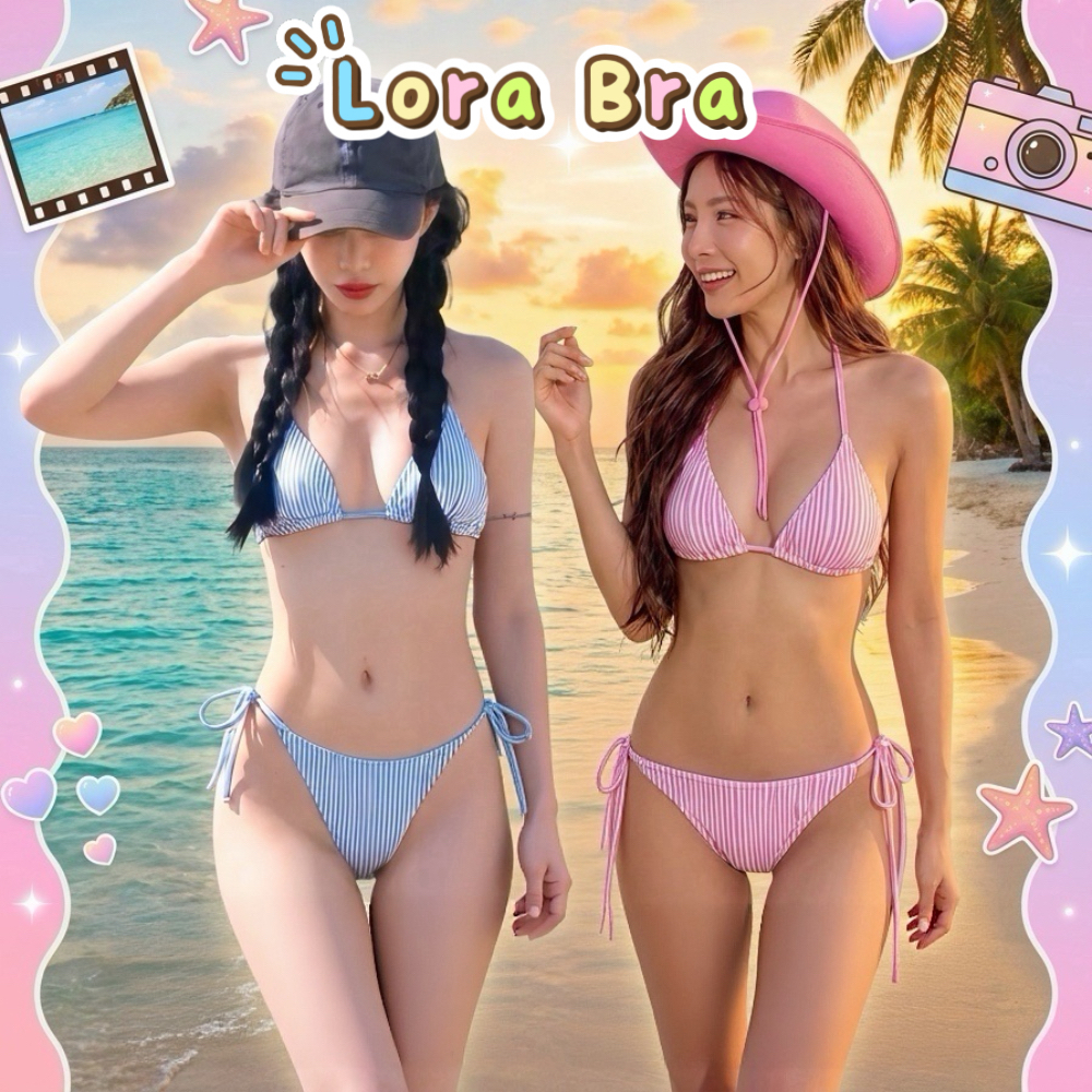 ส่งไวจากไทย🧸ชุดว่ายน้ำผู้หญิง บิกินี่ทูพีซ ลายทาง Bikini Set บราทรงสามเหลี่ยม กางเกงผูกข้าง เซ็กซี่ Beachwear