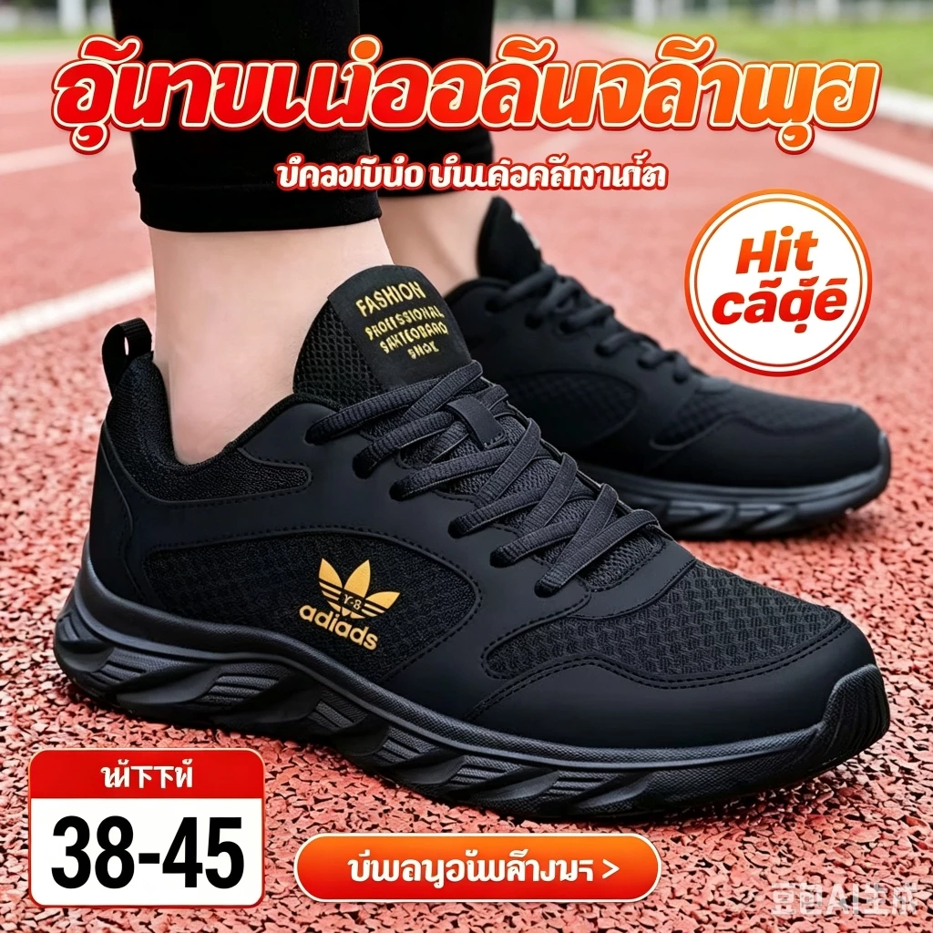 รองเท้ากีฬาผู้ชายขายดี Hit น้ำหนักเบา 2 รุ่น ผ้าตาข่ายระบายอากาศฤดูร้อน / หนัง PU กันน้ำเหมาะวันฝน มี 3 สี ดำทอง ดำขาว ดำเต็ม ไซซ์38-45 พื้นยางยืดหยุ่นสูงกันลื่น ใส่สบาย เหมาะวิ่งออกกำลังกาย ทำงานแต่งตัวประจำวัน